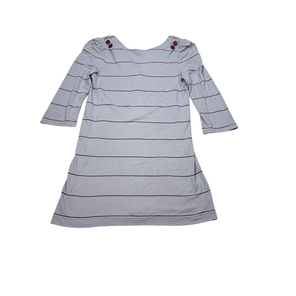 VTG womens gray, maroon stripe 3/4 sleeve mini dress. Size S. button back. 1980s